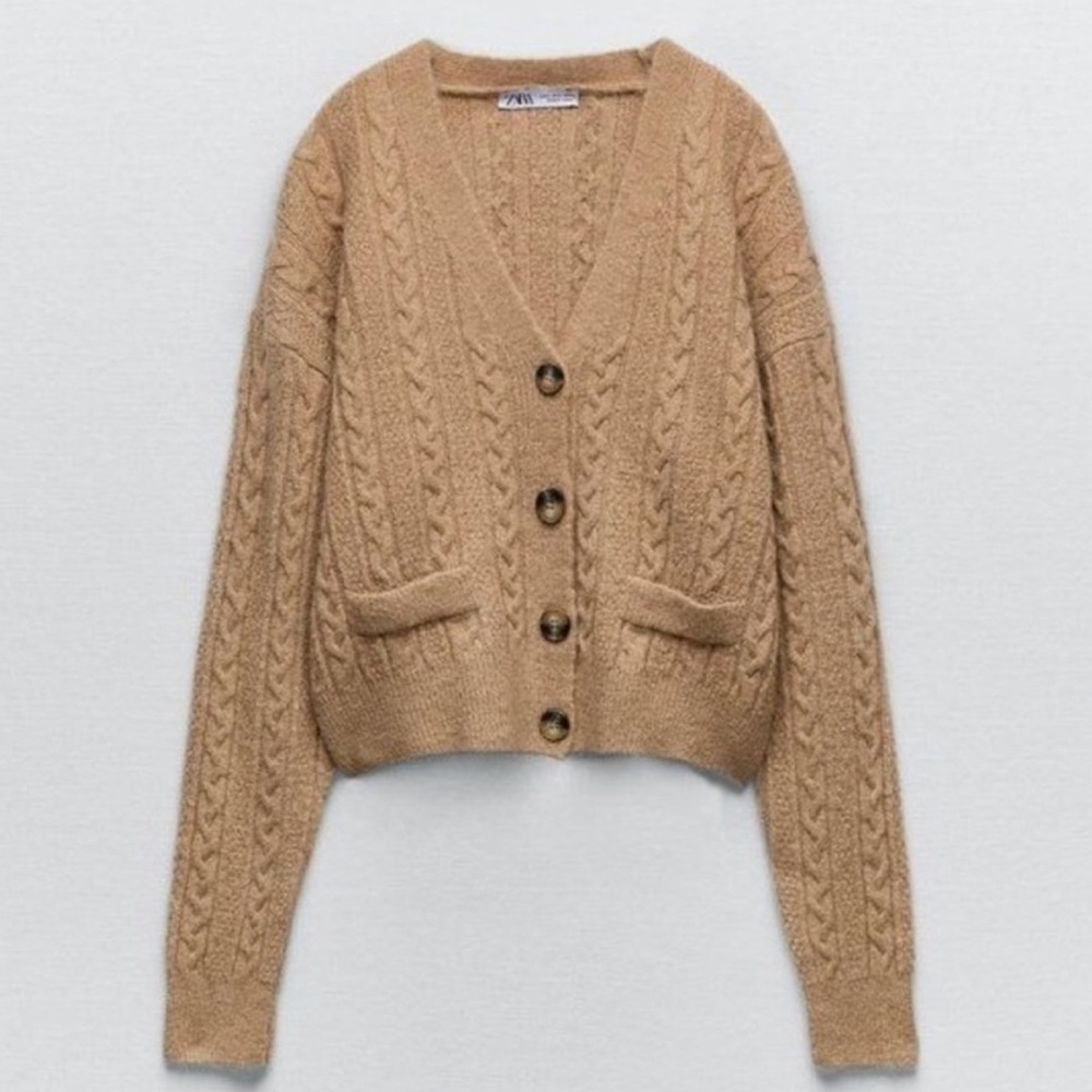 ZARA Chunky Cable Knit Tan Camel Cardigan - Small